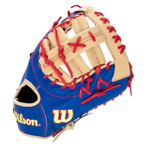 Side view of a royal blue Wilson baseball glove featuring a tan H-web, red laces, and yellow Wilson branding.