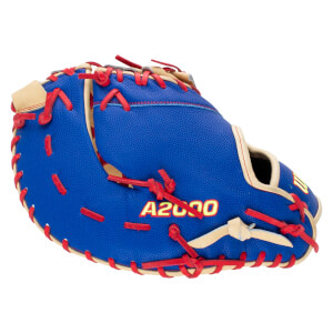 Back view of a royal blue catcher’s mitt featuring red laces, tan trim, and the “A2000” logo in yellow.
