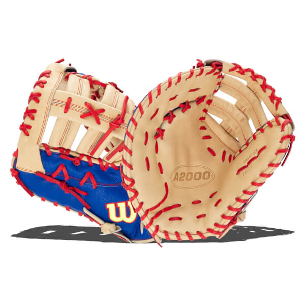 Front and back views of a blonde and blue A2000 first base mitt with red laces, featuring a yellow Wilson logo and A2000 branding on the palm.