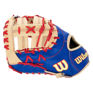 Back view of a blue and tan baseball glove with red laces and yellow Wilson and W logos.