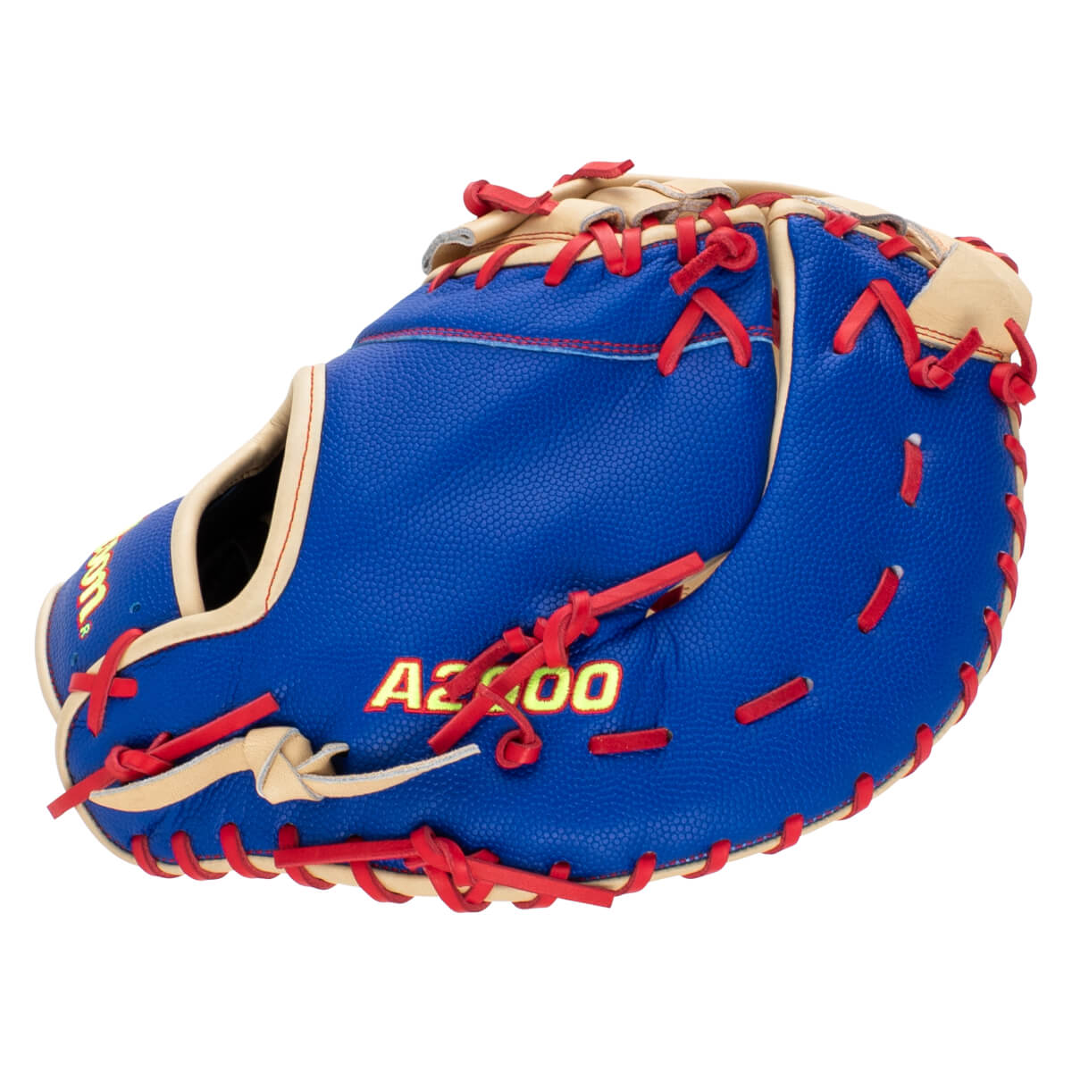 Back view of a blue dimpled baseball catcher's mitt featuring tan trim, red laces, and the yellow A2000 logo.