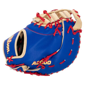 A back view of a royal blue Wilson A2000 catcher's mitt features red laces, tan accents, and yellow Wilson and A2000 branding.