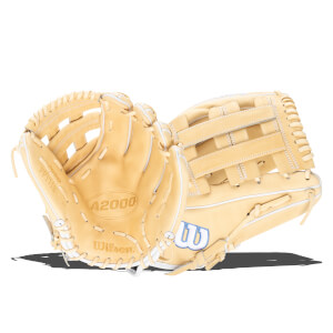 Front view of a tan Wilson A2000 baseball glove with white lacing and blue Wilson logo.