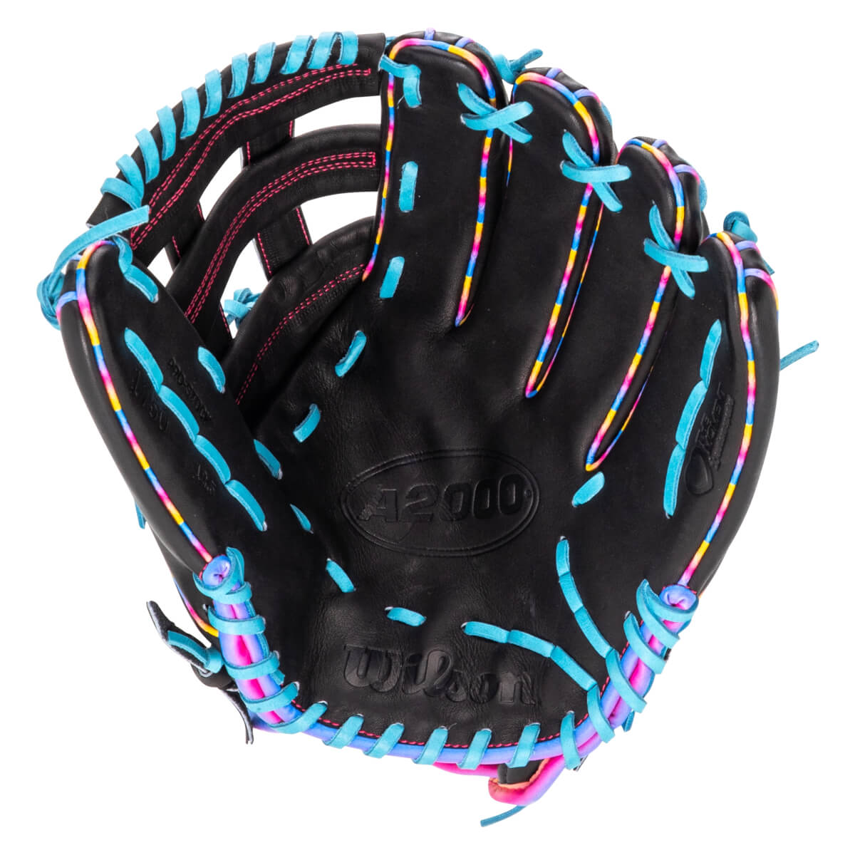 Front view of a black baseball glove with light blue laces and multi-colored trim, featuring the Wilson and A2000 logos embossed on the palm.