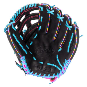Front view of a black baseball glove with light blue laces and multi-colored trim, featuring the Wilson and A2000 logos embossed on the palm.