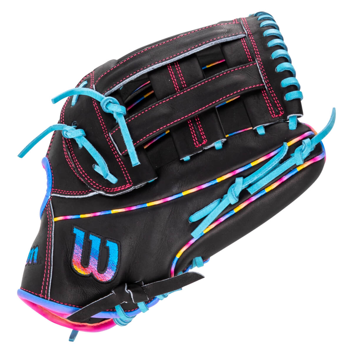 Back view of a black Wilson baseball glove featuring light blue laces, pink stitching, and a vibrant tie-dye gradient "W" logo.