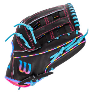 Back view of a black Wilson baseball glove featuring light blue laces, pink stitching, and a vibrant tie-dye gradient "W" logo.
