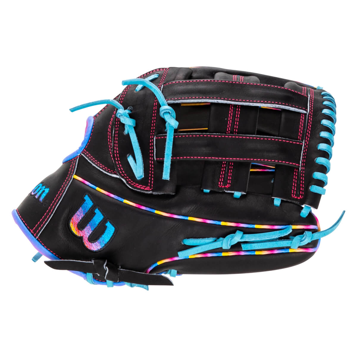 Back view of a black Wilson baseball glove featuring pink stitching, bright blue laces, and a colorful gradient Wilson "W" logo.