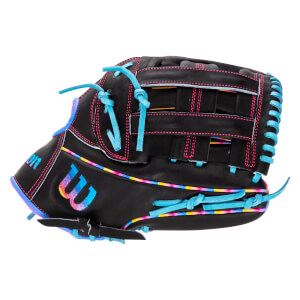 Back view of a black Wilson baseball glove featuring pink stitching, bright blue laces, and a colorful gradient Wilson "W" logo.