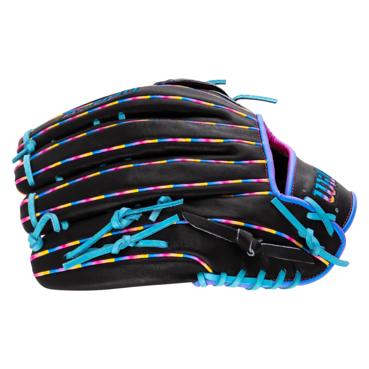 Back view of a black baseball glove featuring cyan laces and multi-colored piping along the fingers with a colorful "Wilson" logo on the thumb area.