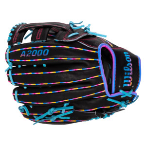 Back view of a black baseball glove featuring cyan laces, multi-colored striped welting, and "A2000" and "Wilson" in vibrant embroidery.