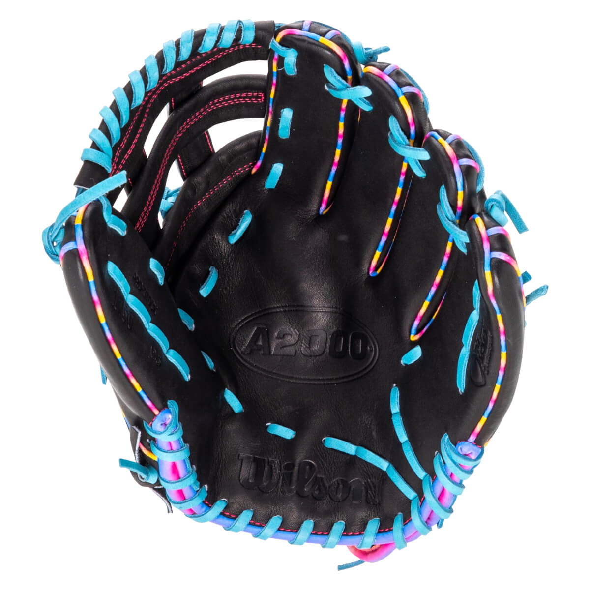 Front view of a black Wilson A2000 baseball glove featuring light blue and multi-colored lacing with "A2000" and "Wilson" embossed on the leather palm.