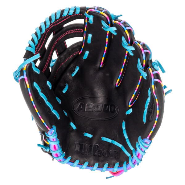 Front view of a black Wilson A2000 baseball glove featuring light blue and multi-colored lacing with "A2000" and "Wilson" embossed on the leather palm.