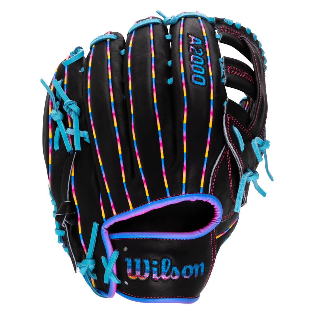 Back view of a black baseball glove with pink, blue, and yellow gradient stitching and the words "A2000" and "Wilson" embroidered in matching colors.