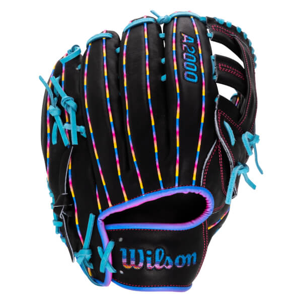 Back view of a black baseball glove with pink, blue, and yellow gradient stitching and the words "A2000" and "Wilson" embroidered in matching colors.