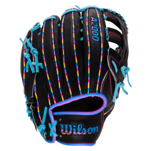 Back view of a black baseball glove with pink, blue, and yellow gradient stitching and the words "A2000" and "Wilson" embroidered in matching colors.