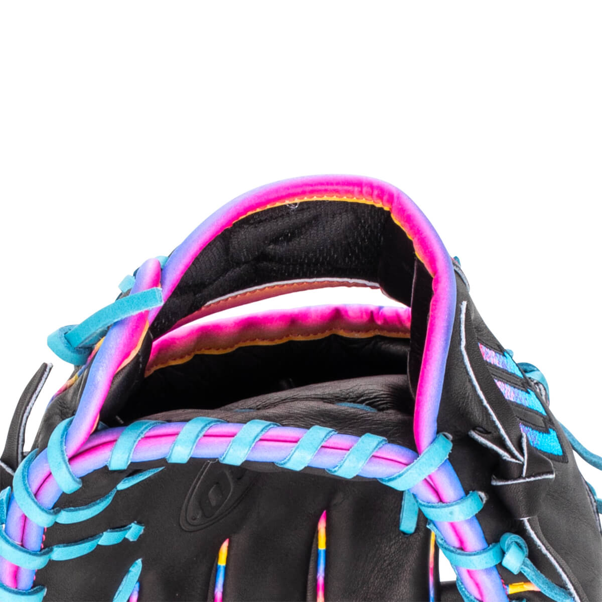 Close-up of the wrist opening featuring black leather with vibrant pink, purple, and blue gradient piping and bright blue laces.