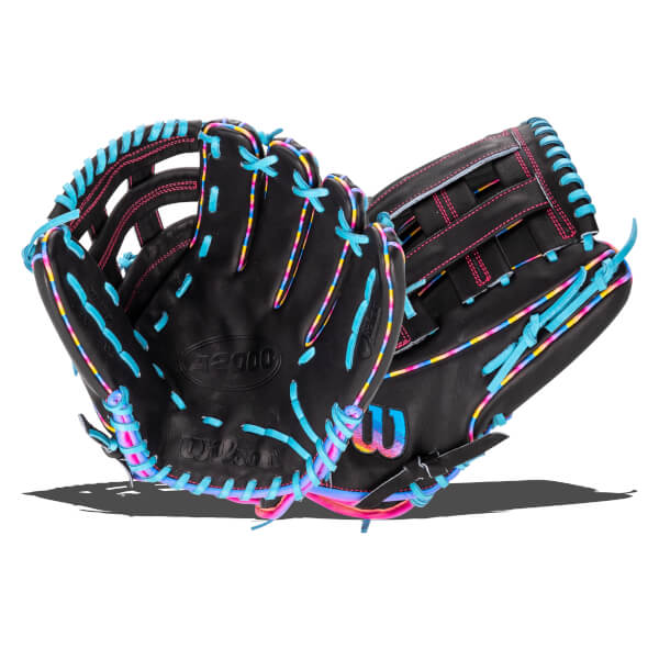 Front and back views of a black Wilson A2000 glove with light blue laces and multicolor gradient trim along the edges.