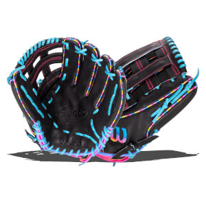 Front and back views of a black Wilson A2000 glove with light blue laces and multicolor gradient trim along the edges.