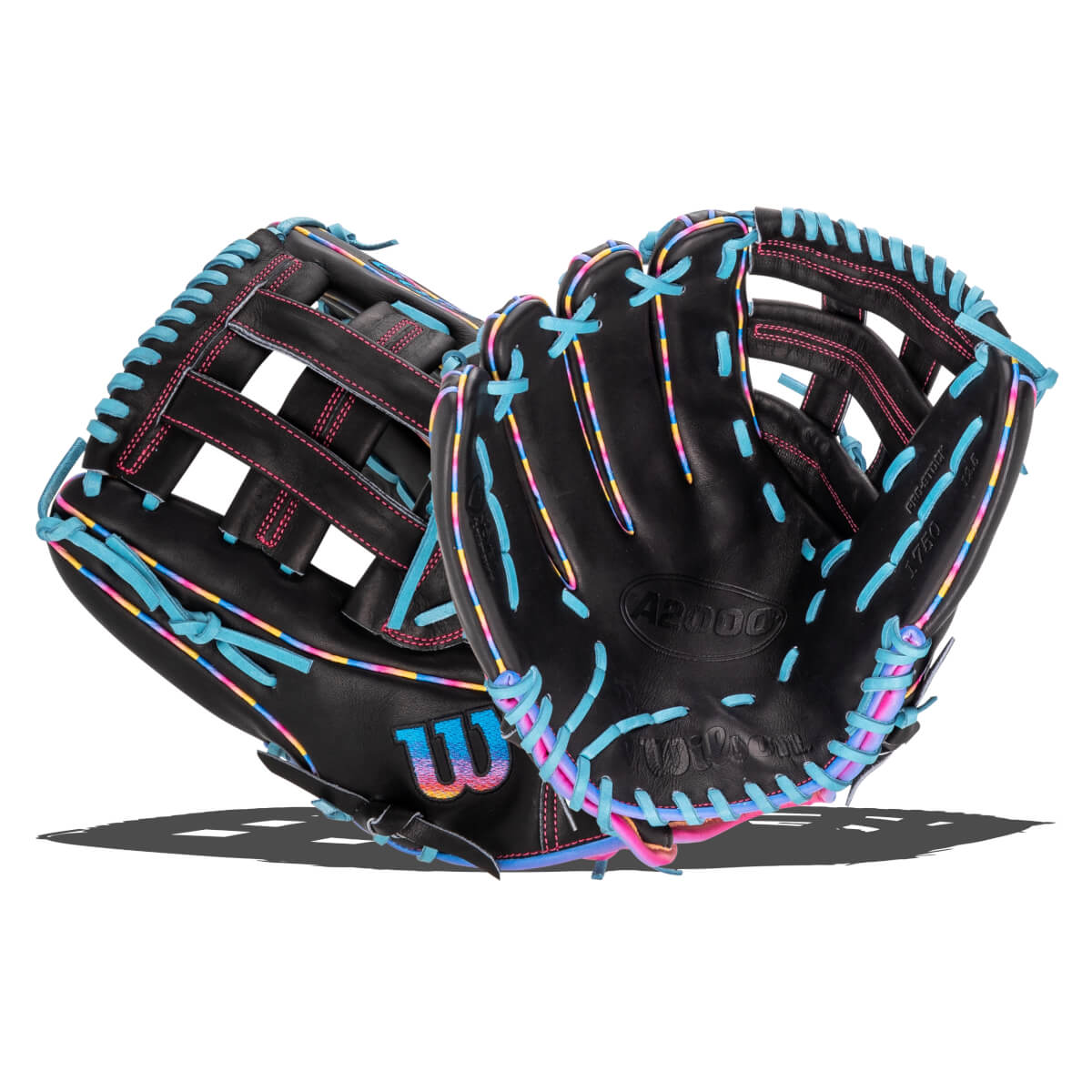 Front and back views of a black 12.5-inch baseball glove with light blue laces and multicolor stitching, featuring the Wilson "W", "A2000", and "1750" logos.