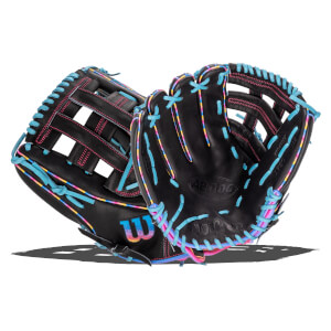 Front and back views of a black 12.5-inch baseball glove with light blue laces and multicolor stitching, featuring the Wilson "W", "A2000", and "1750" logos.