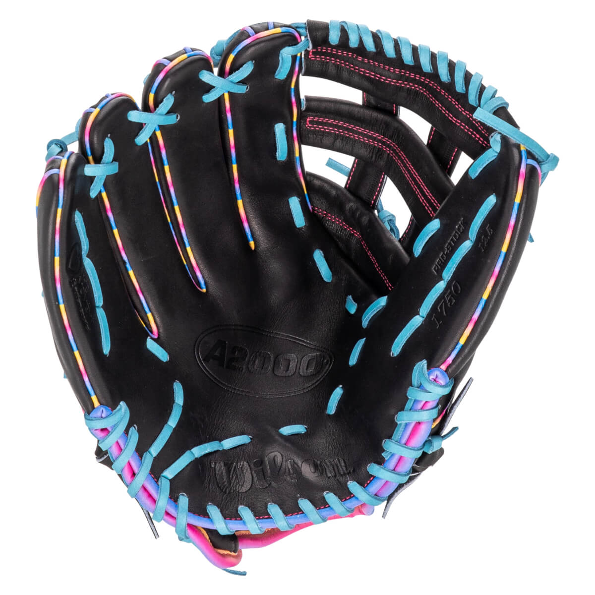 Front view of a black baseball glove featuring light blue laces, rainbow-colored trim, and the embossed names A2000, Wilson, and 1750.