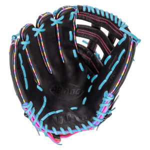 Front view of a black baseball glove featuring light blue laces, rainbow-colored trim, and the embossed names A2000, Wilson, and 1750.
