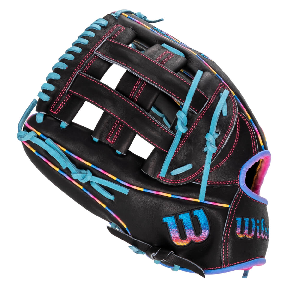 Front view of a black Wilson baseball glove featuring cyan laces, pink stitching, and gradient-colored Wilson and "W" logos.