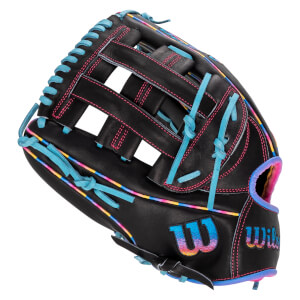 Front view of a black Wilson baseball glove featuring cyan laces, pink stitching, and gradient-colored Wilson and "W" logos.