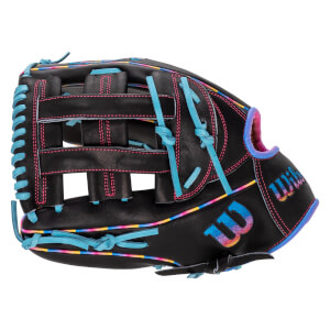 Back view of a black baseball glove featuring light blue laces, pink stitching, and an iridescent Wilson logo and wordmark.