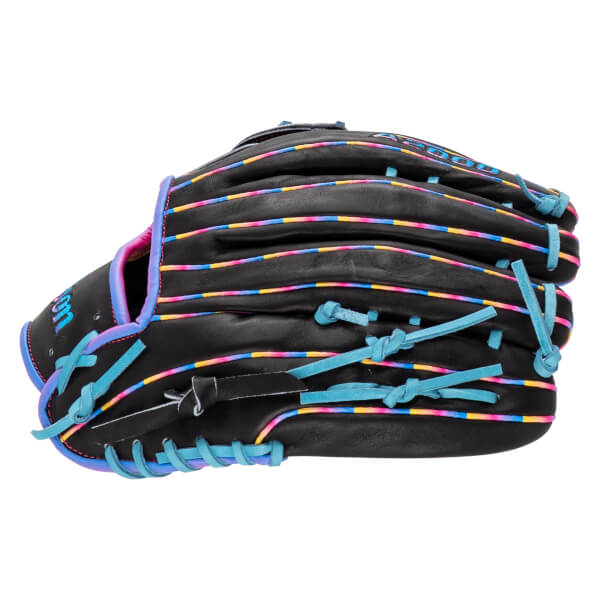 Back view of this black leather baseball glove featuring teal laces, multi-colored piping, and the A2000 brand logo on the finger.