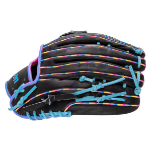 Back view of this black leather baseball glove featuring teal laces, multi-colored piping, and the A2000 brand logo on the finger.