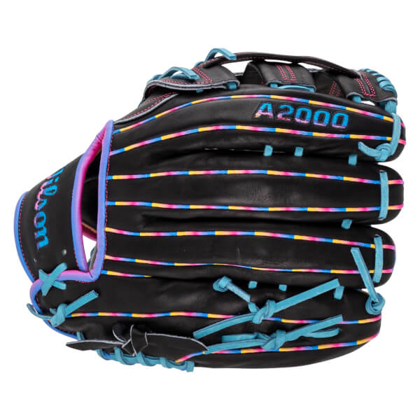 Back view of the black baseball glove showcasing vibrant multi-colored neon welting, light blue laces, and embroidered Wilson and A2000 logos.
