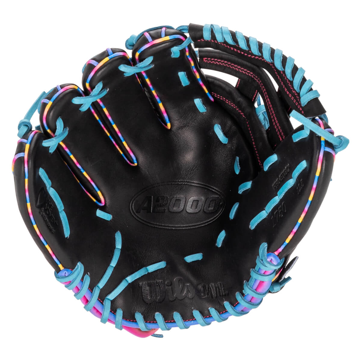 Front view of a black baseball glove with light blue laces and rainbow accents, featuring the "A2000" and "Wilson" logos embossed on the palm.