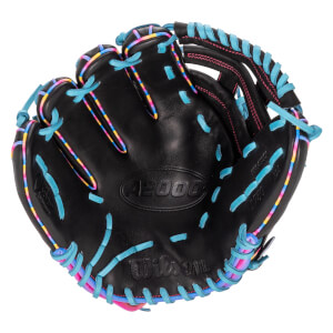 Front view of a black baseball glove with light blue laces and rainbow accents, featuring the "A2000" and "Wilson" logos embossed on the palm.