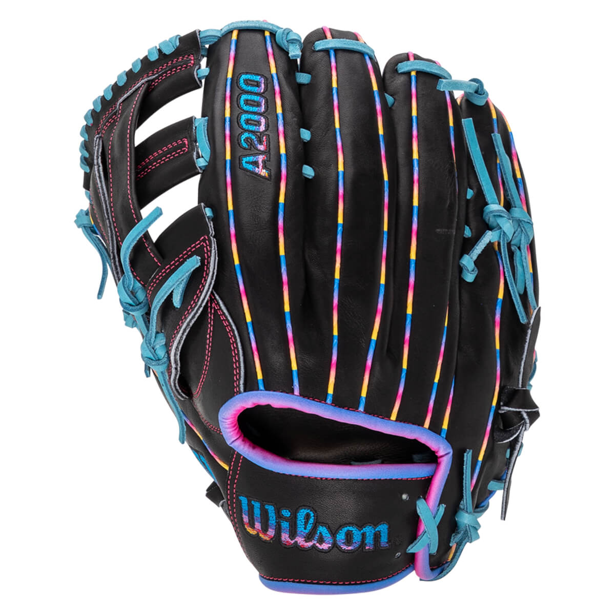 Back view of a black glove with vibrant multi-colored piping and stitching, light blue laces, and "Wilson" and "A2000" logos in a rainbow gradient.