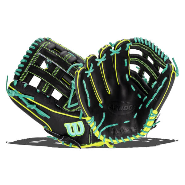 Front and back views of a black Wilson A2000 baseball glove featuring bright lime green trim, teal laces, and an embossed A2000 logo on the palm.