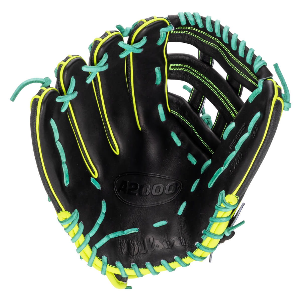 Front view of the black Wilson A2000 1750 12.5" baseball glove showing its neon yellow trim, mint green laces, and the embossed A2000 and Wilson logos on the palm.