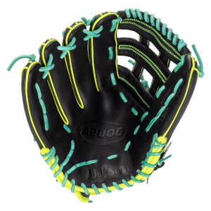 Front view of the black Wilson A2000 1750 12.5" baseball glove showing its neon yellow trim, mint green laces, and the embossed A2000 and Wilson logos on the palm.