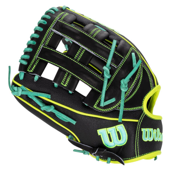 Back-side view of a black Wilson baseball glove featuring neon yellow trim, teal laces, and a teal Wilson logo on the wrist.