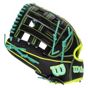 Back-side view of a black Wilson baseball glove featuring neon yellow trim, teal laces, and a teal Wilson logo on the wrist.