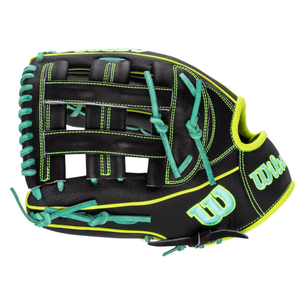 Back view of a black baseball glove featuring mint green laces, neon yellow piping, and Wilson "W" logos in mint and yellow.