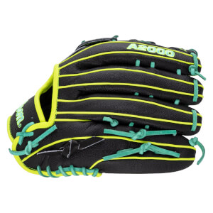 Back view of the black baseball glove features neon yellow piping, teal laces, and the A2000 logo in neon yellow on the index finger.