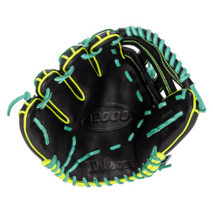 Front view of a black Wilson A2000 baseball glove featuring teal laces, neon yellow trim, and embossed A2000 and Wilson logos on the palm.