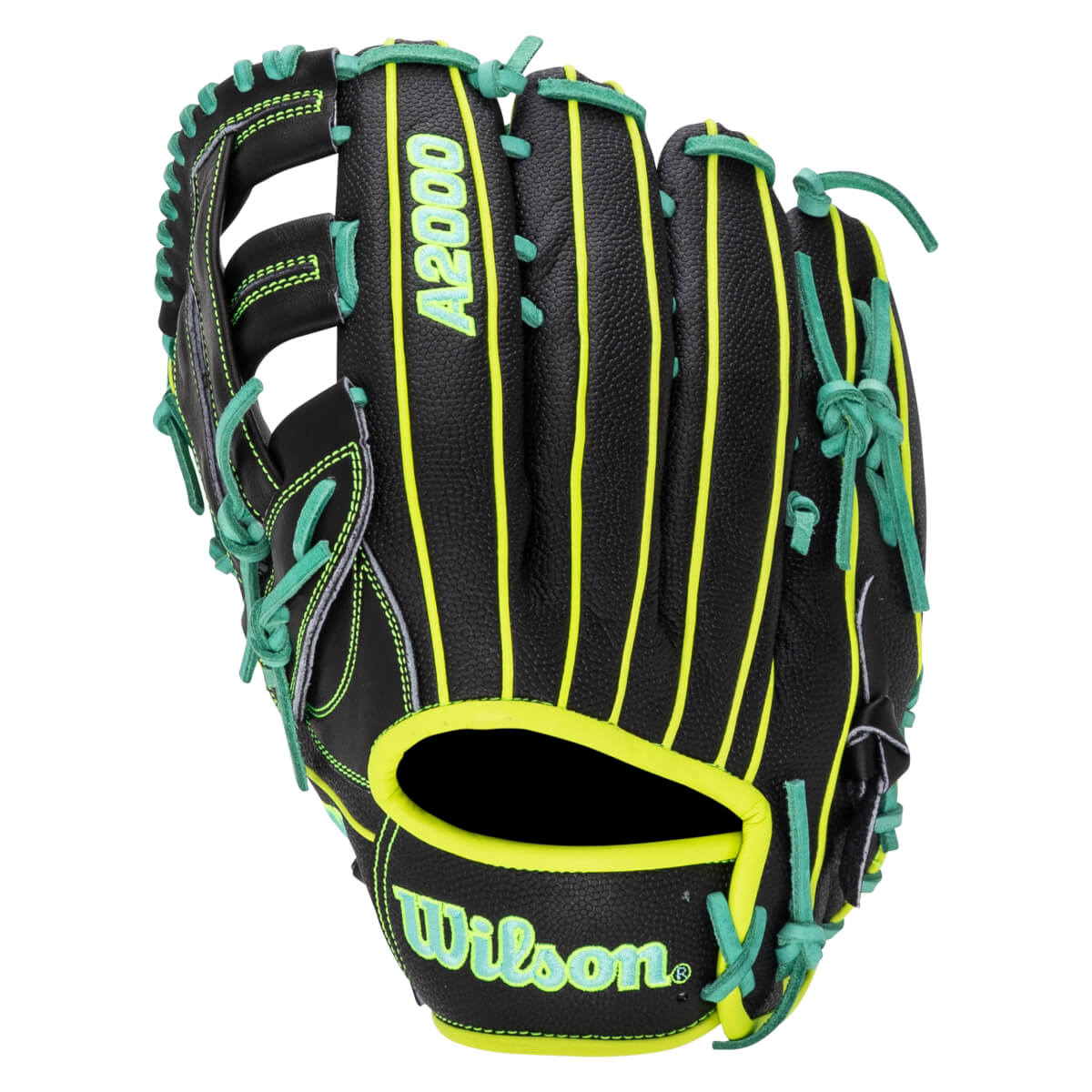 Back view of a black Wilson A2000 glove featuring neon yellow piping and teal laces, with the Wilson and A2000 logos prominently displayed in yellow and teal.