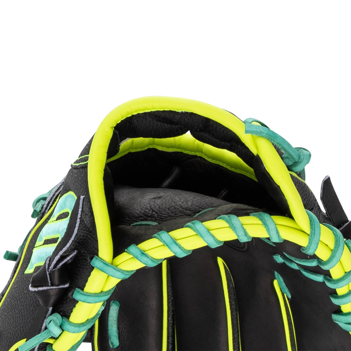 Close-up of the wrist opening shows neon yellow binding and mint green lacing against a black shell with a partial mint green Wilson logo.