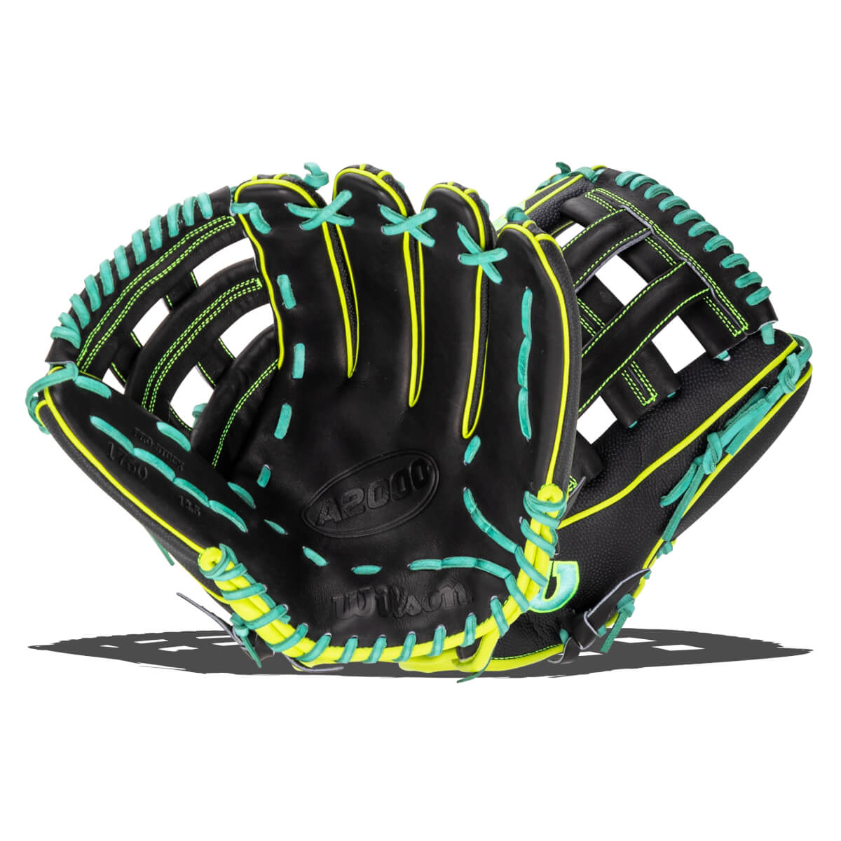 Front view of a black leather Wilson A2000 baseball glove featuring neon yellow trim and turquoise laces with Wilson embossed on the palm.