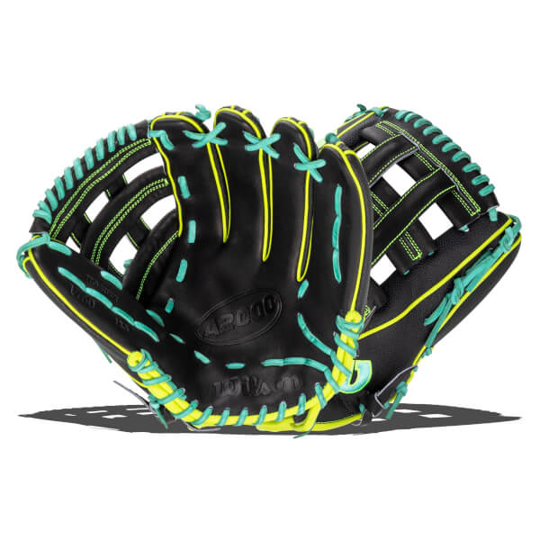 Front view of a black leather Wilson A2000 baseball glove featuring neon yellow trim and turquoise laces with Wilson embossed on the palm.