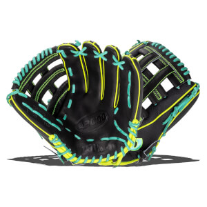 Front view of a black leather Wilson A2000 baseball glove featuring neon yellow trim and turquoise laces with Wilson embossed on the palm.