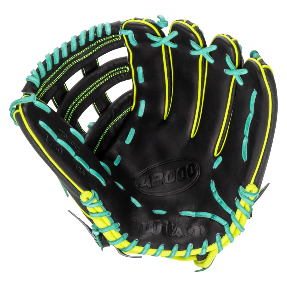 Front view of a black Wilson A2000 baseball glove with neon yellow trim and teal lacing, featuring "A2000" and "Wilson" embossed on the palm.